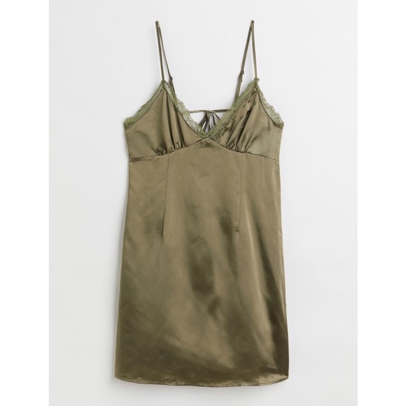 H&M Silky Lace Tie Back Mini Dress, Olive Green - Size M - Picture 2 of 8